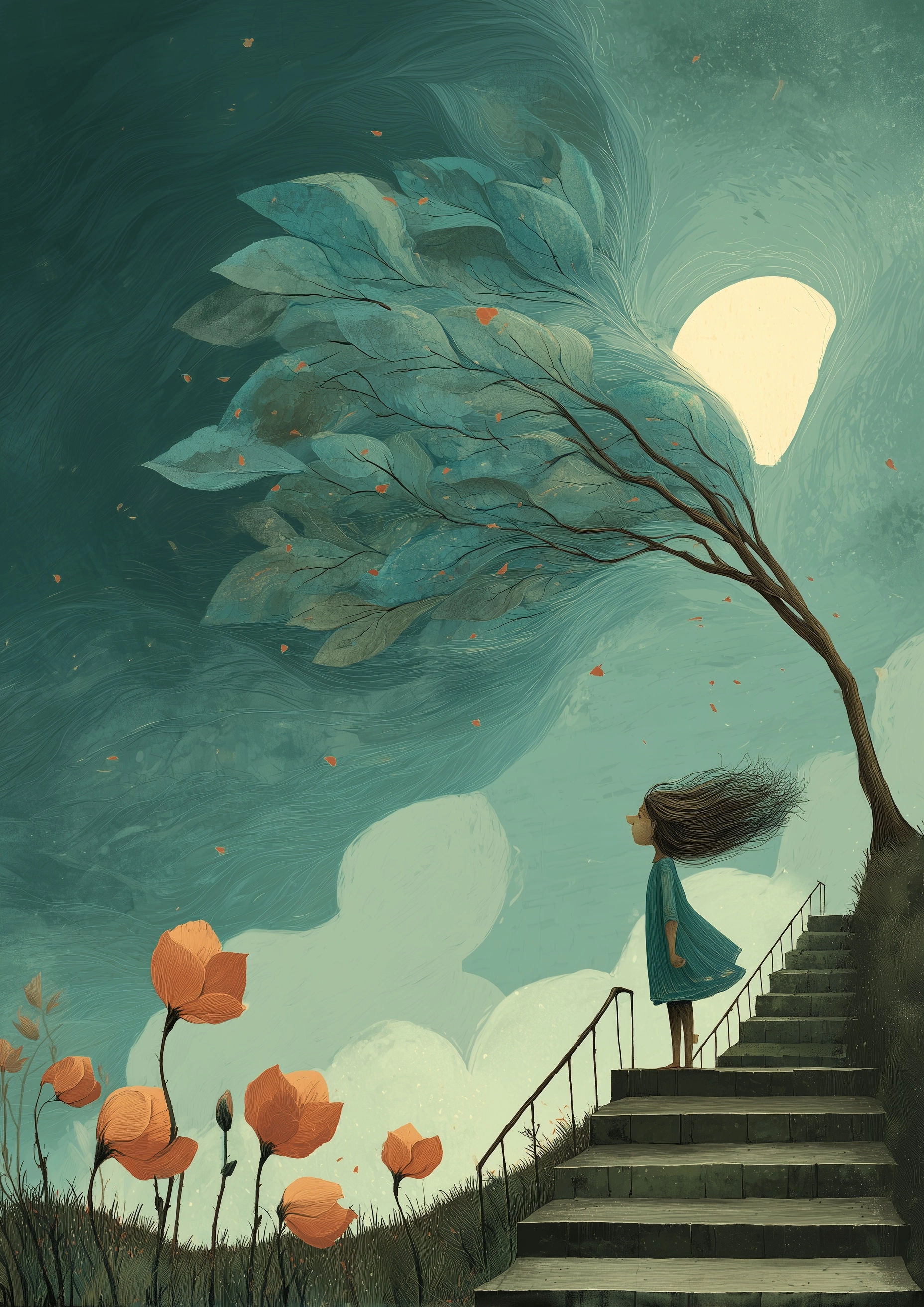 Wind, spring, magnolia tree with flowers, messy hair, Long hair with Peacock feathers, poppies