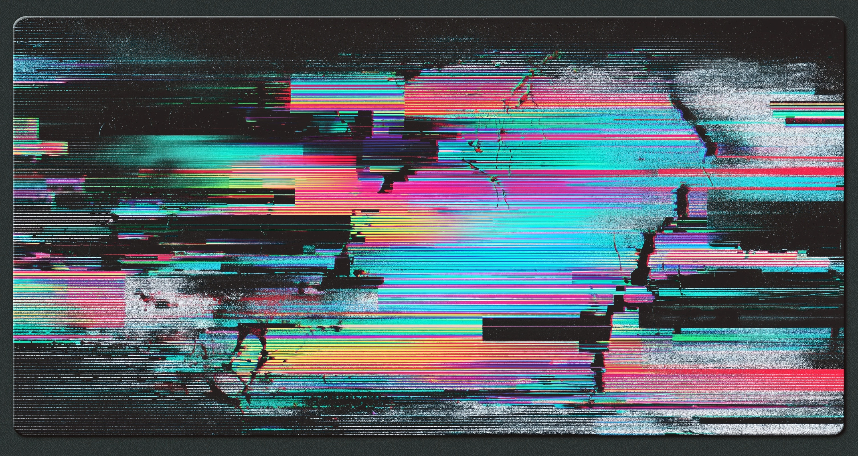 Glitchcore aesthetic desk mat, black background, heavy digital distortion, broken pixels