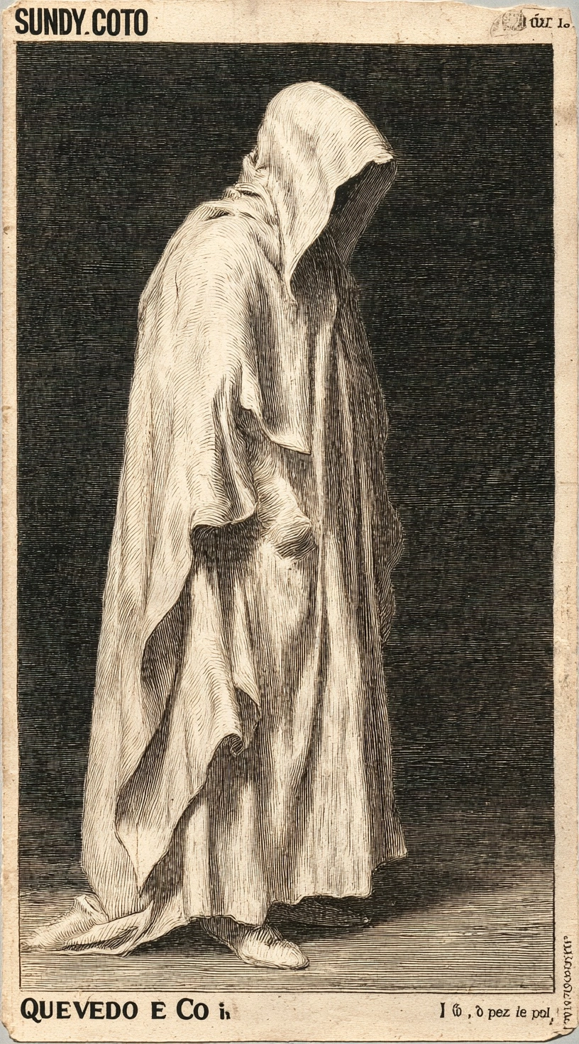 A man in a white cloak and hooded cape with his face covered by cloth. the style of the illustration