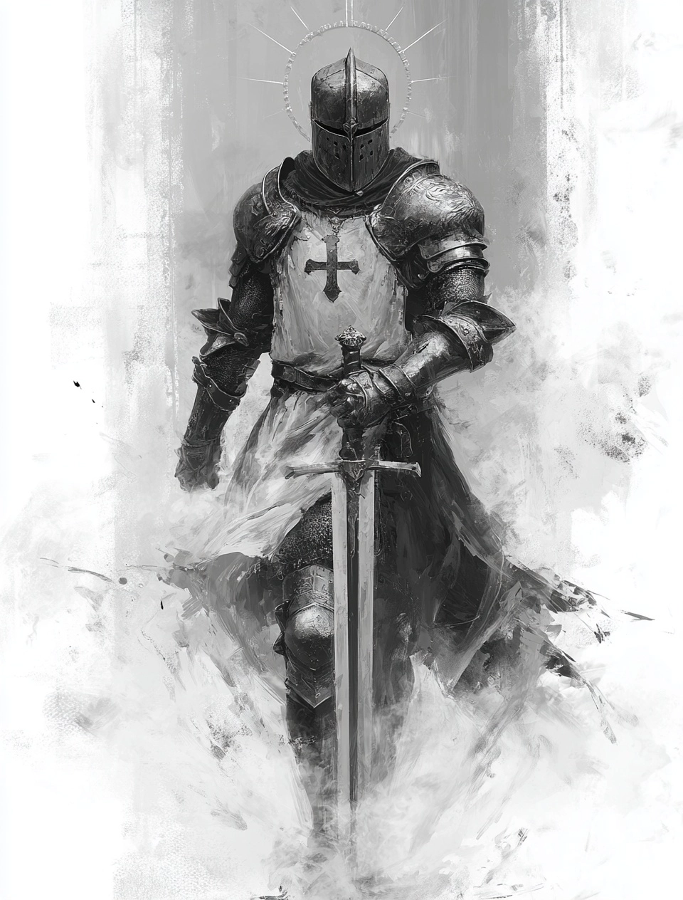 A knight in full armor, holding the sword of spiritual power and radiating divine light. the backgro