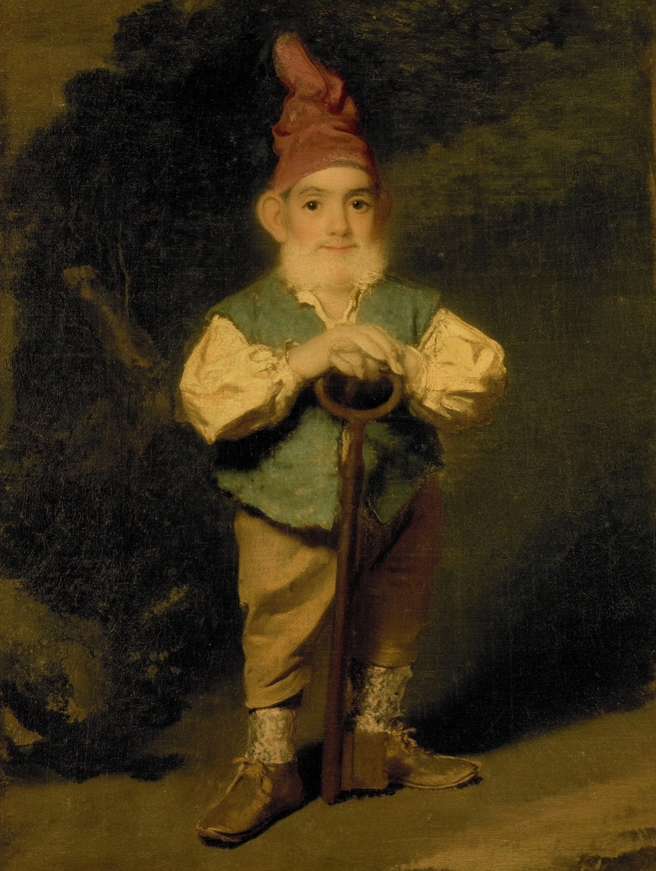 Full-length Late Rembrandt portrait of a small gnome, front-facing, eye-level
