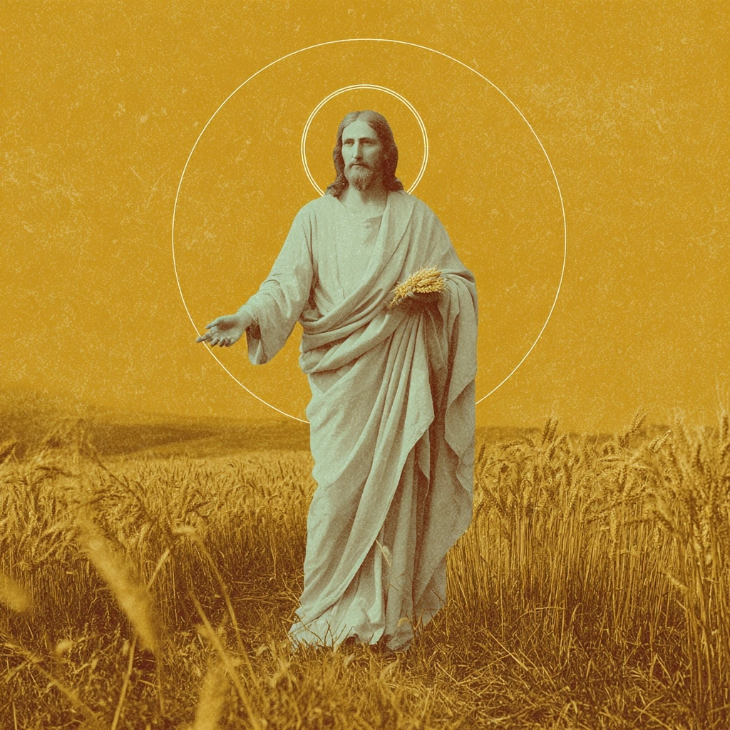 An outline of Christ imposed over a background of Wheat while Christ holds the Eucharist