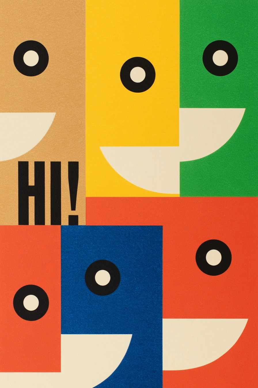 A stylized, abstract composition featuring a mosaic of simplified human faces in a vibrant