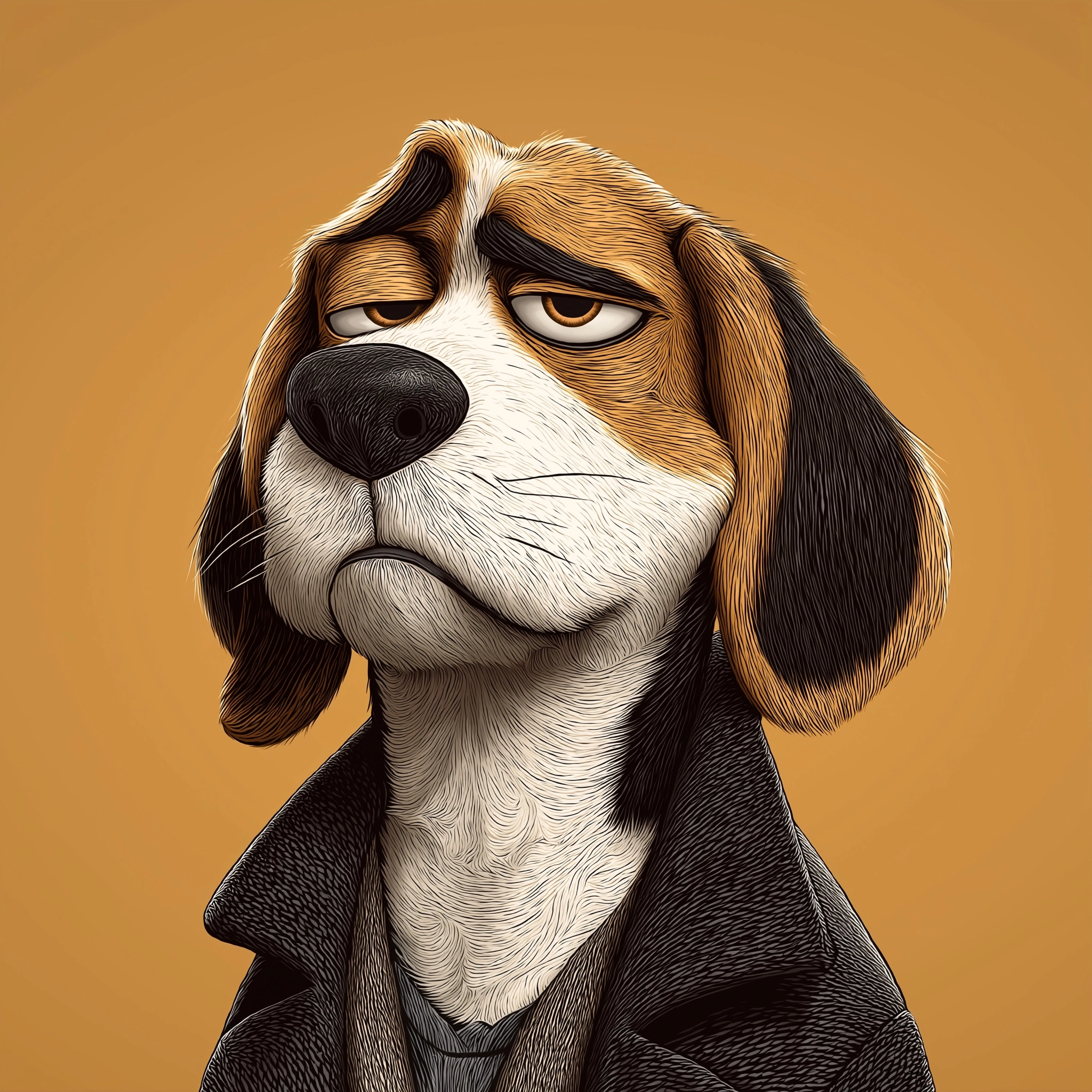 Beagle anziano sovrappeso occhi tristi piccole macchie scure sul muso aspetto affaticato e stanco in