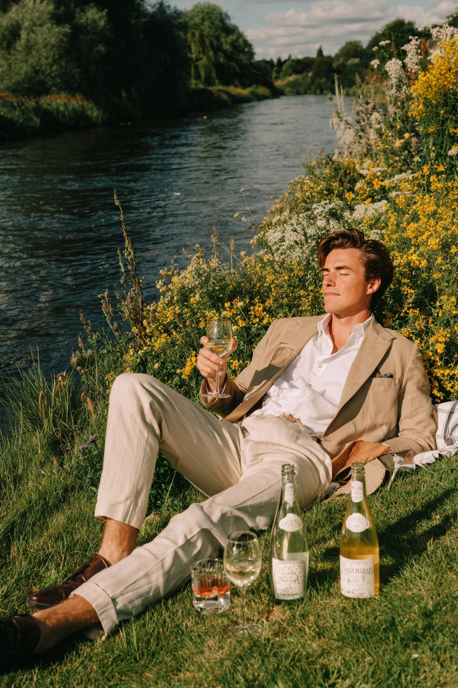 A man lying on the lawn with his feet in black leather shoes