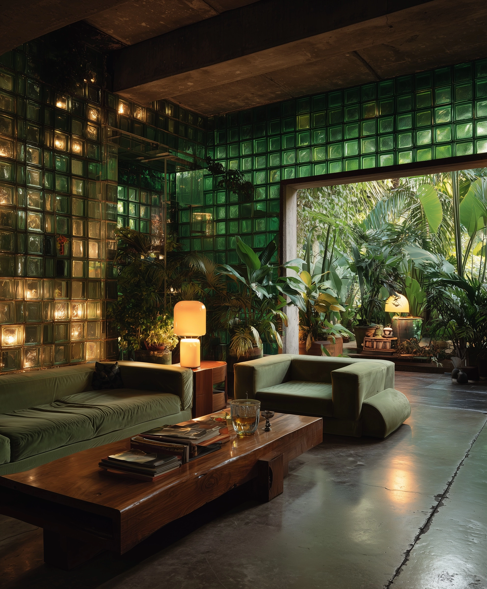 A large living room with green glass blocks on the wall, a concrete floor