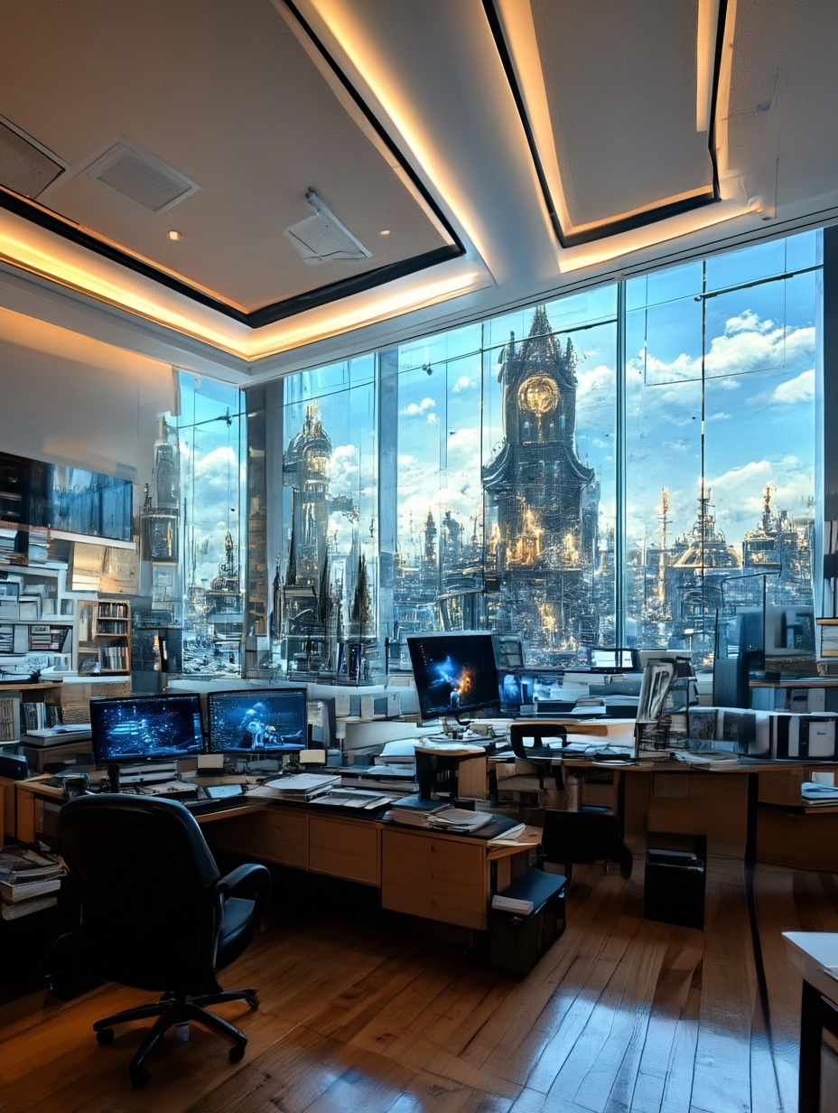 The massive penthouse office of a Wealthy quantum physicist.