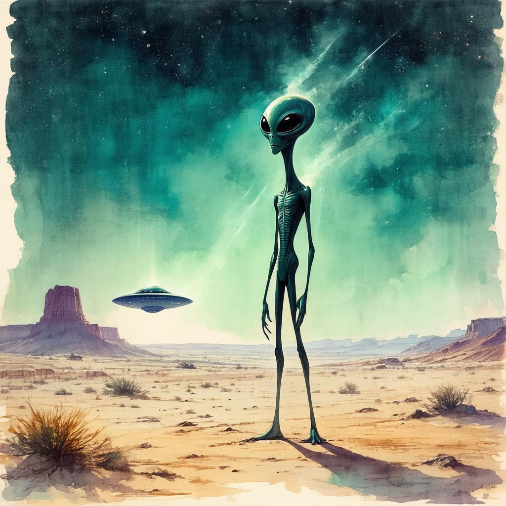 Tall Desert Alien Beneath a Vintage UFO