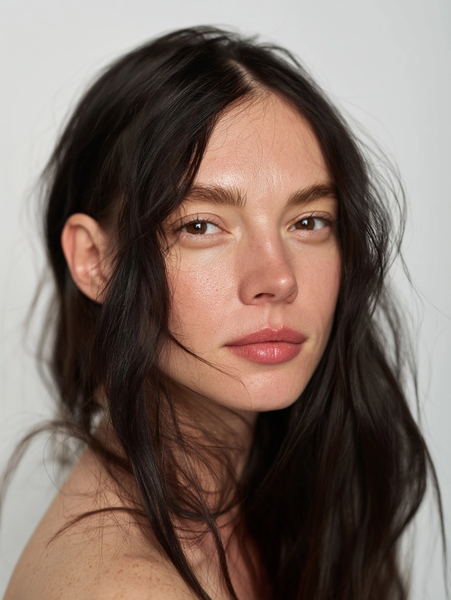 Ultra-realistic close-up studio portrait of a slavic attractive high-fashion woman, 35 years old