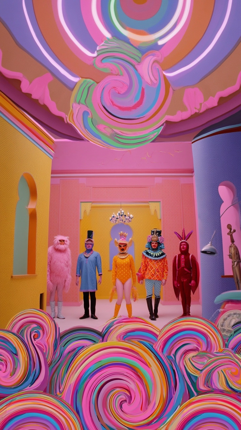 Film still directed by wes anderson, strange characters in elaborate tribal alien playful costumes i