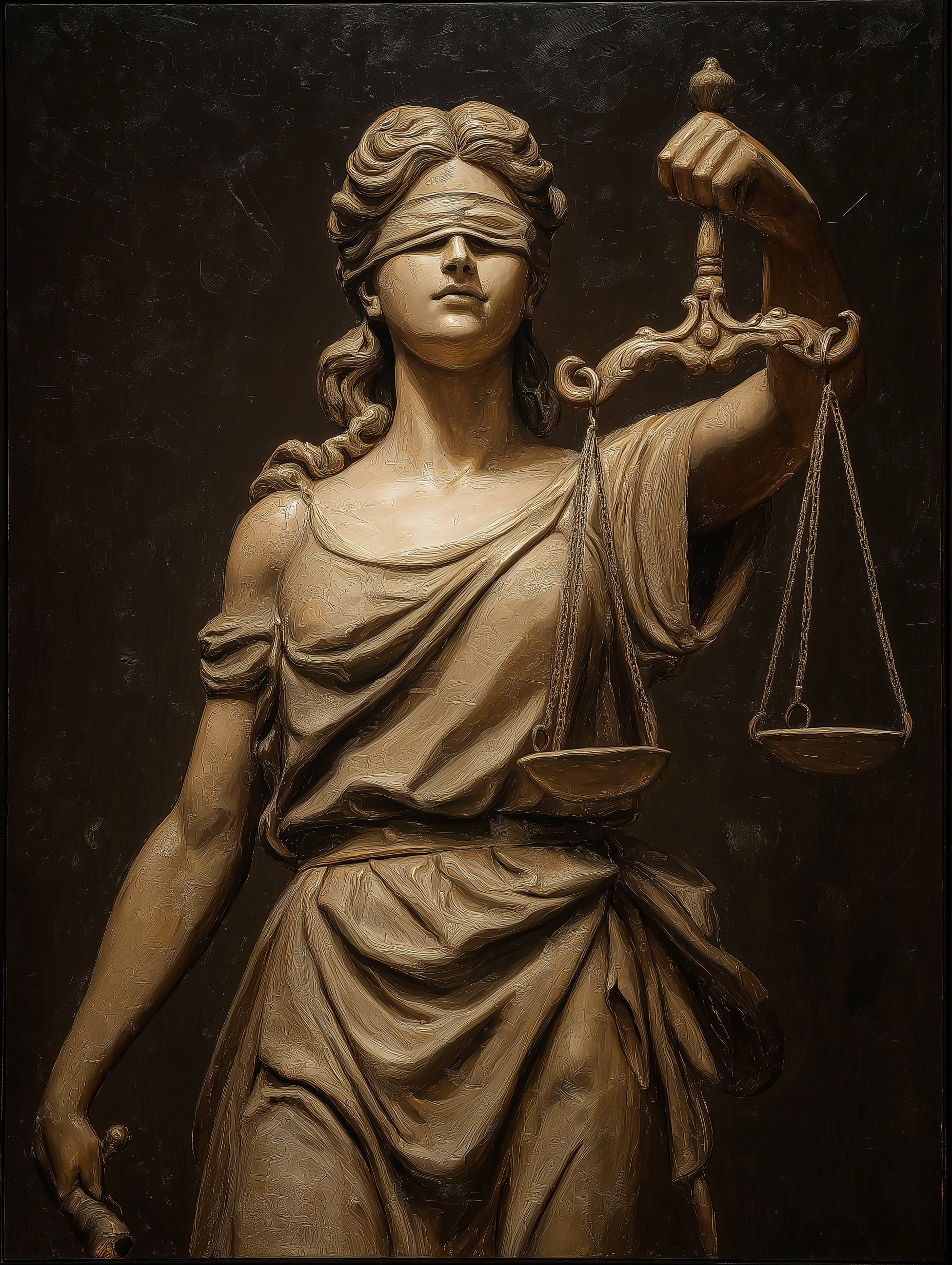 Gostaria de um quadro de uma pintura a óleo de uma estátua moderna em bronze da deusa da justiça The