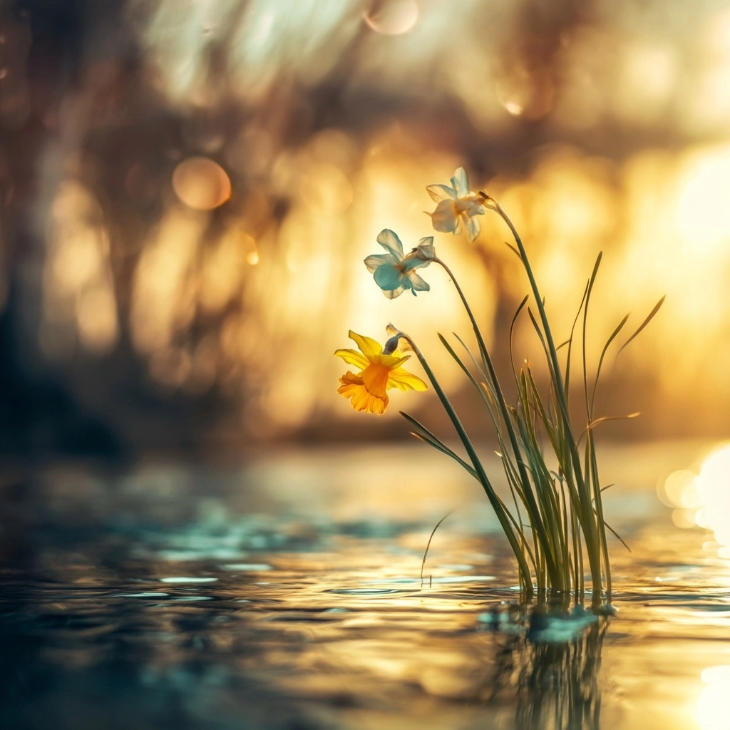 In the clear water, there is only one yellow narcissus and white Daffodil blooming on top of it. the