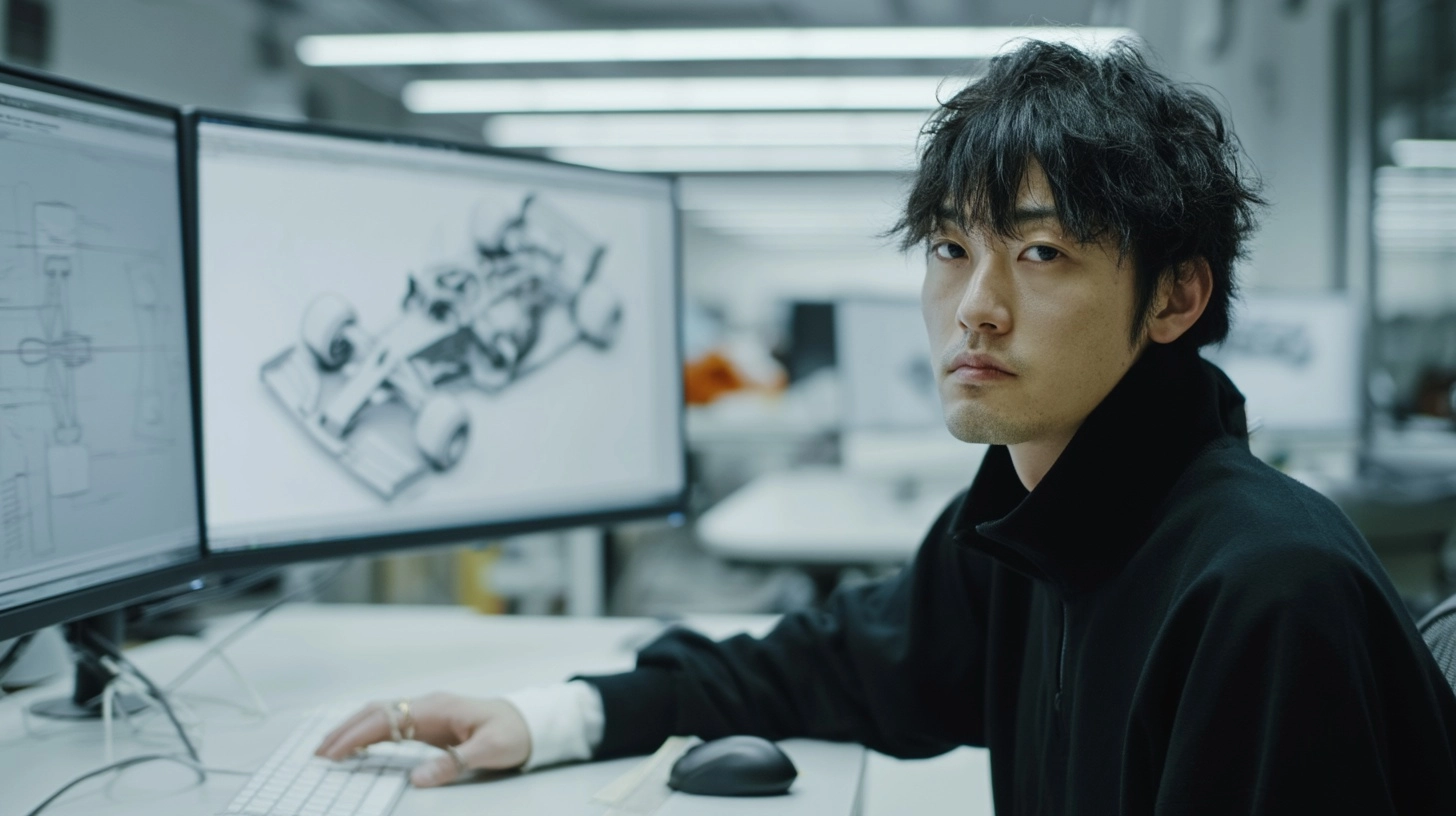 Medium shot of young Japanese male F1 designer designing an F1 car in his design studio. minimalist