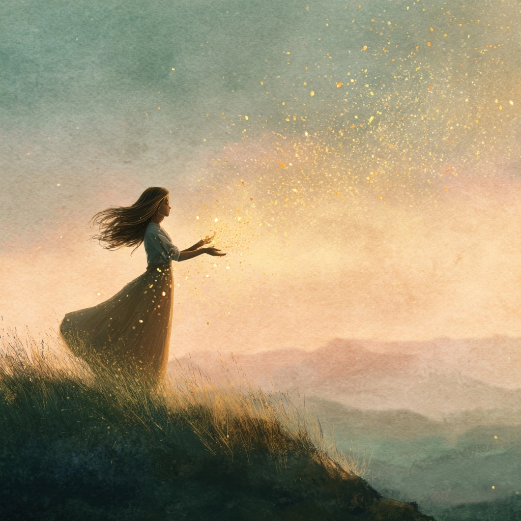 Style: Soft luminous atmosphere, warm meadow green and golden sunlight blending with soft cream high
