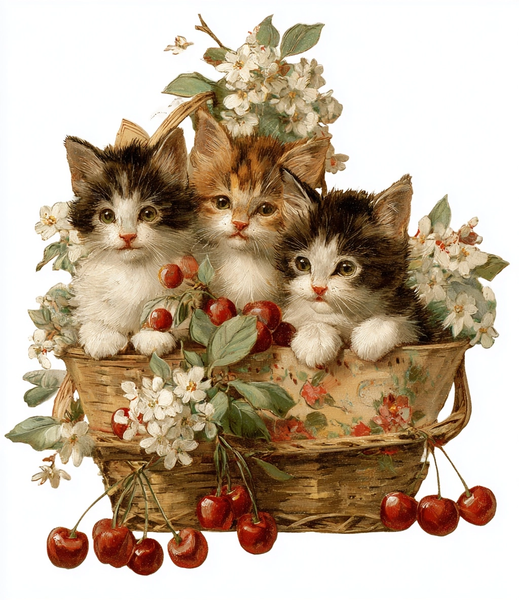 Three cute kittens in a basket with cherries and flowers on a white background, vintage design.