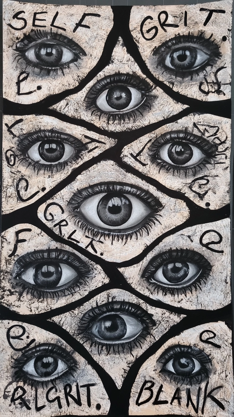 A mixed media collage featuring multiple eyes, arranged in an intricate pattern with the words "self
