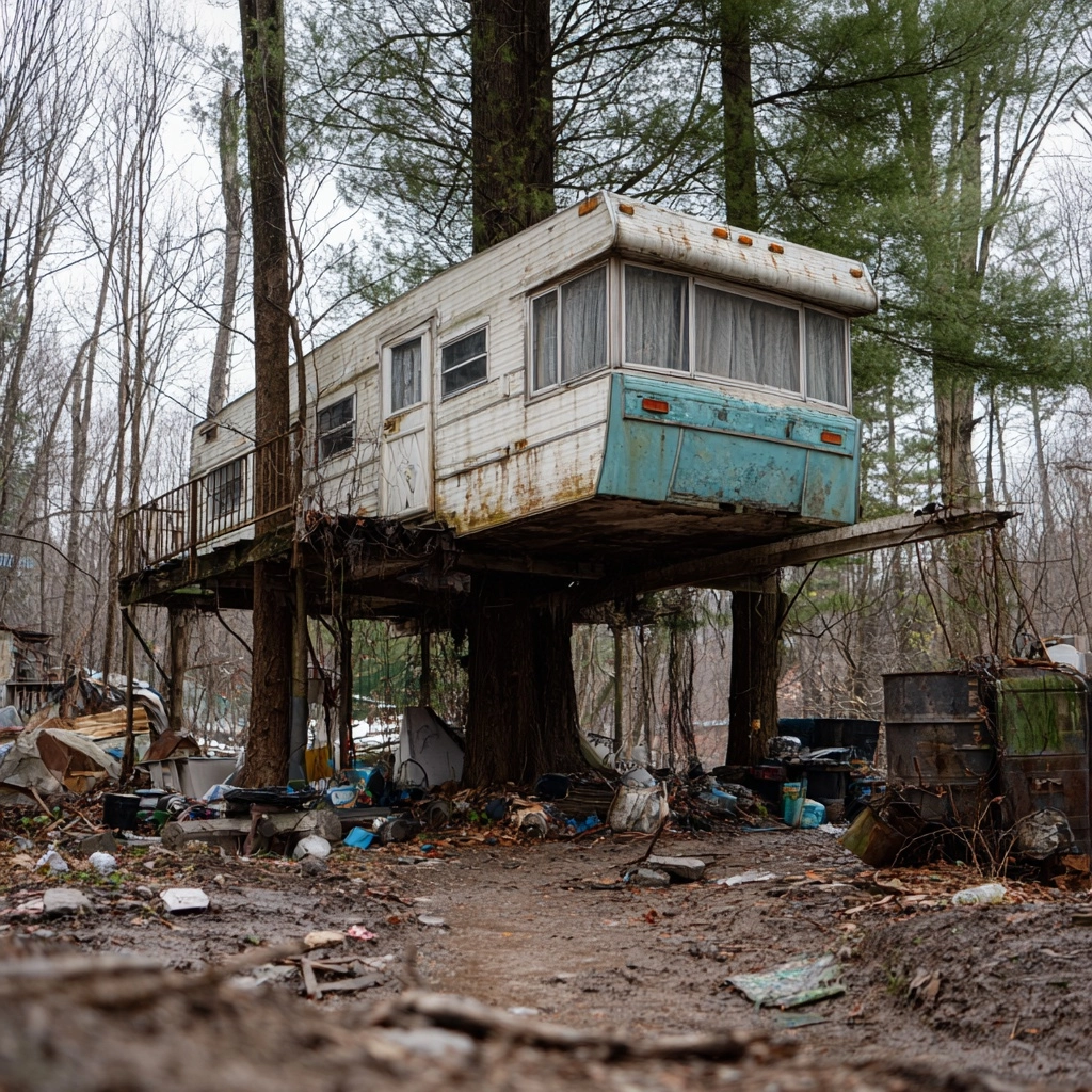 A dilapidated trailer house suspended in the trees surrounded by garbage and junk