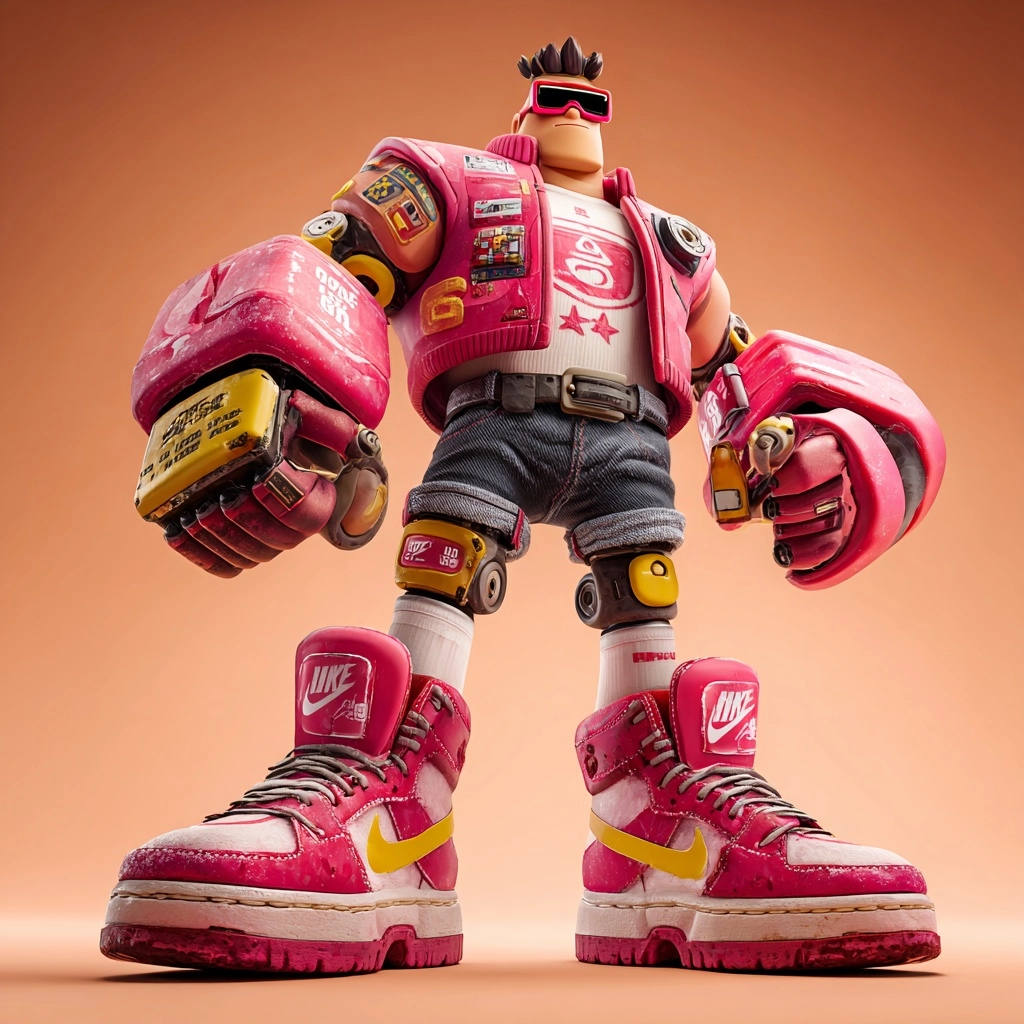 Bold, ultra-saturated 3D character, with exaggerated proportions