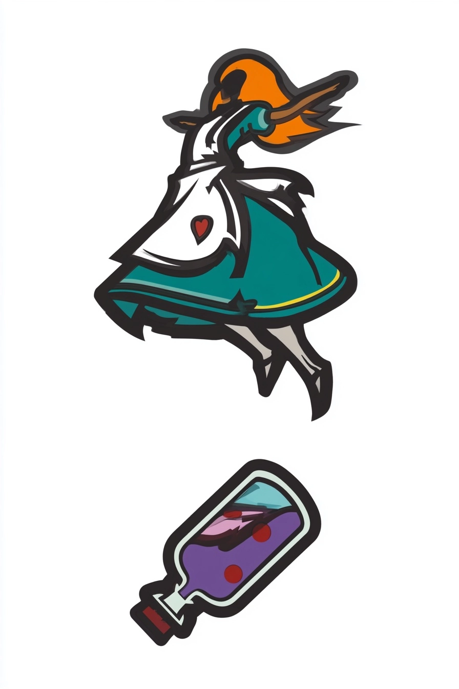 Simple tattoo concept, blank background, alice in wonderland falling, drink me potion, vector