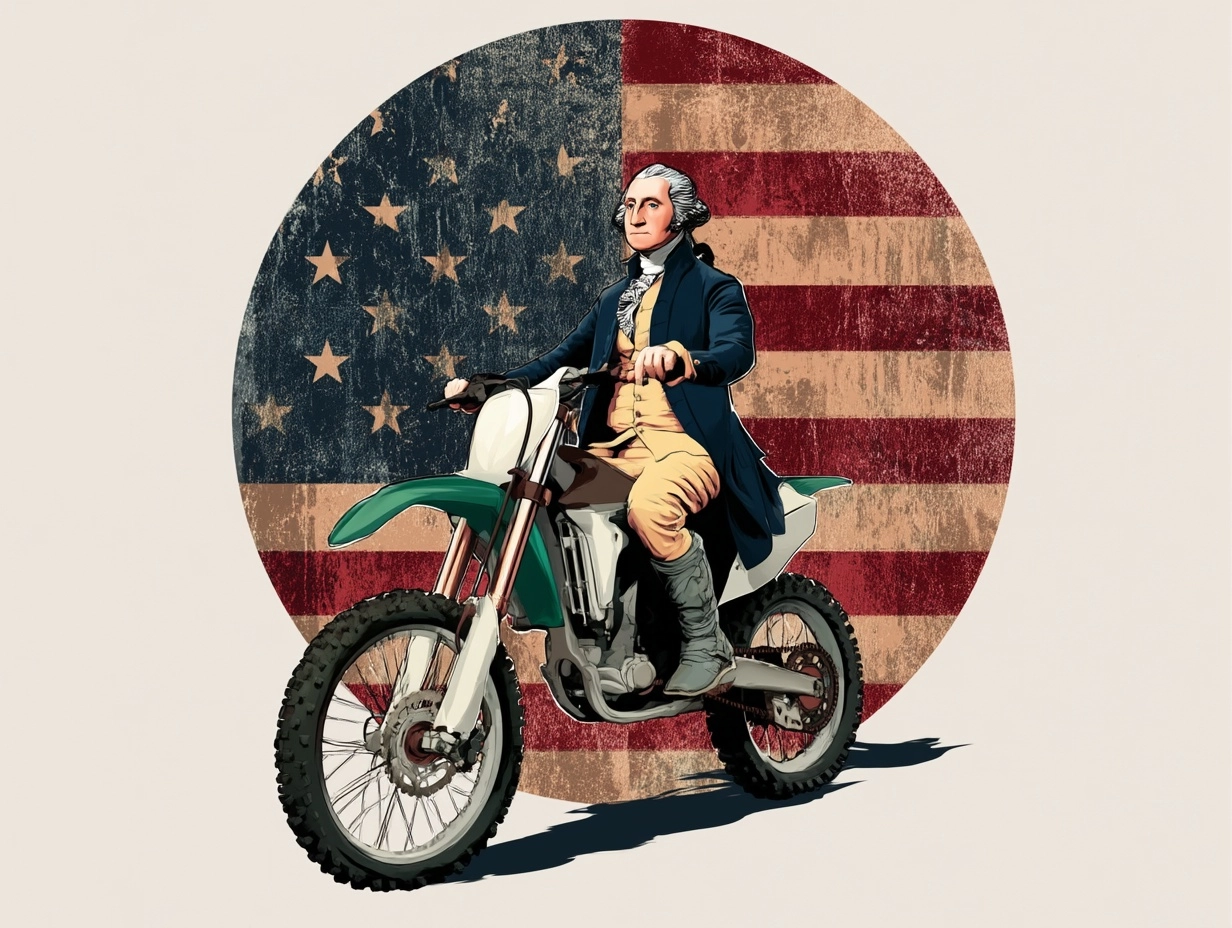 Make a vector image for a-shirt of George Washington Sitting on a dirt bike with an old american fla