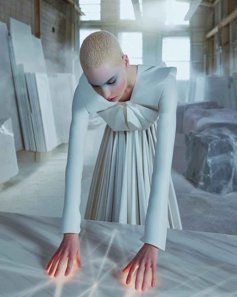 Medium close-up of an androgynous figure in a white geometric structured architectural dress