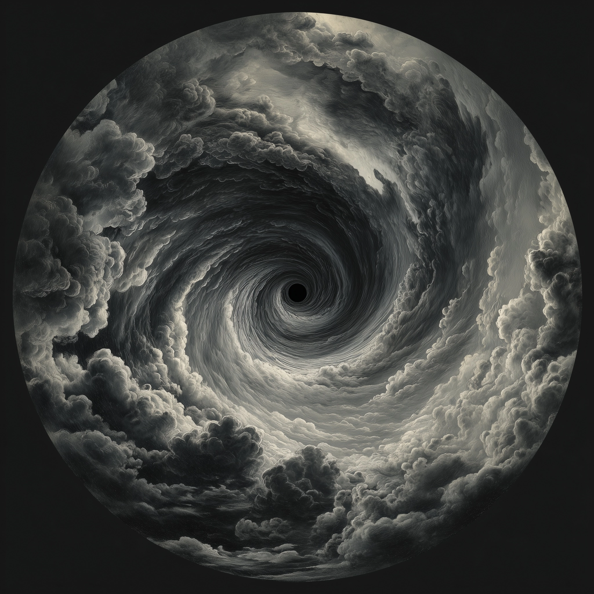 A circular vinyl record with the theme of cloud and tornado
