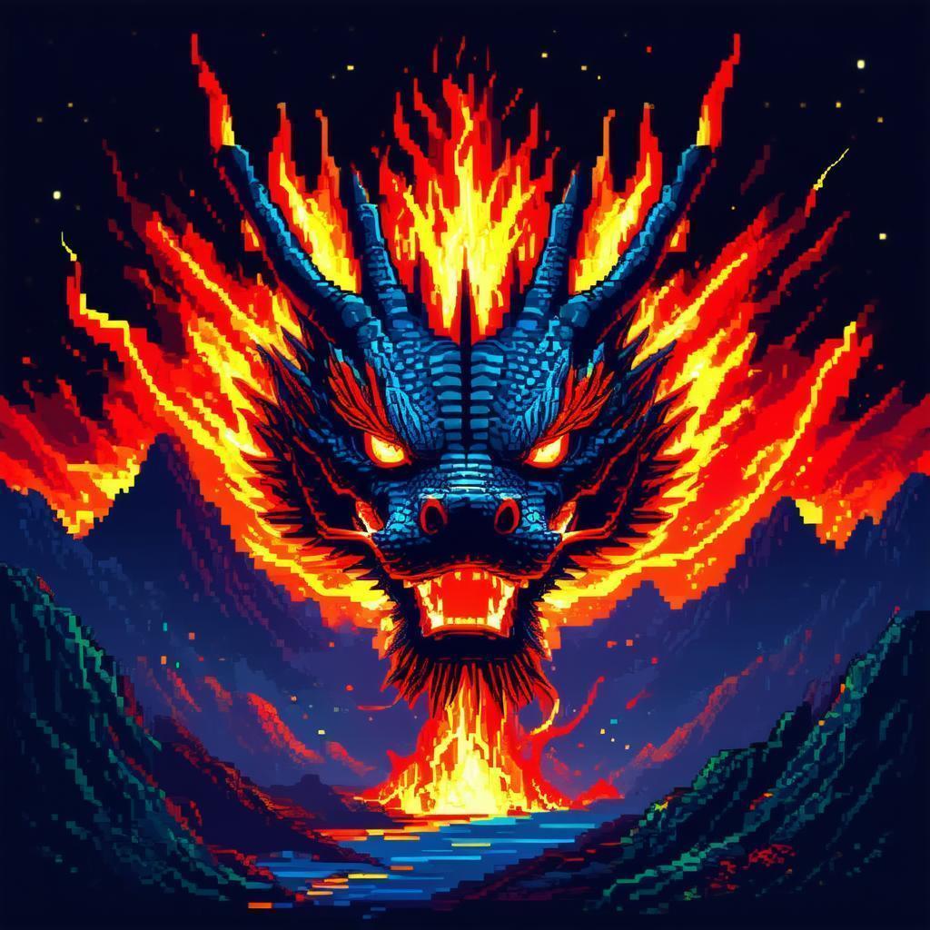 Pixel Fire Dragon Face Over Volcanic Night