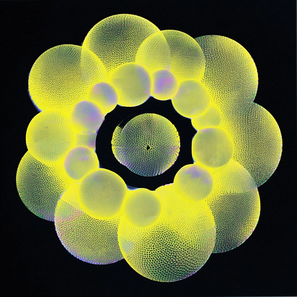 A symmetrical design of glowing, radiant circles arranged in an array on a black background. the col