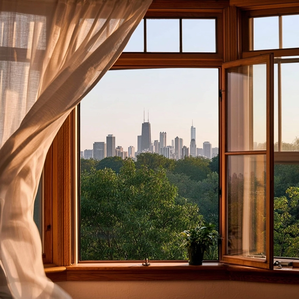 An open wooden casement window with warm oak frames, viewed from inside a studio apartment