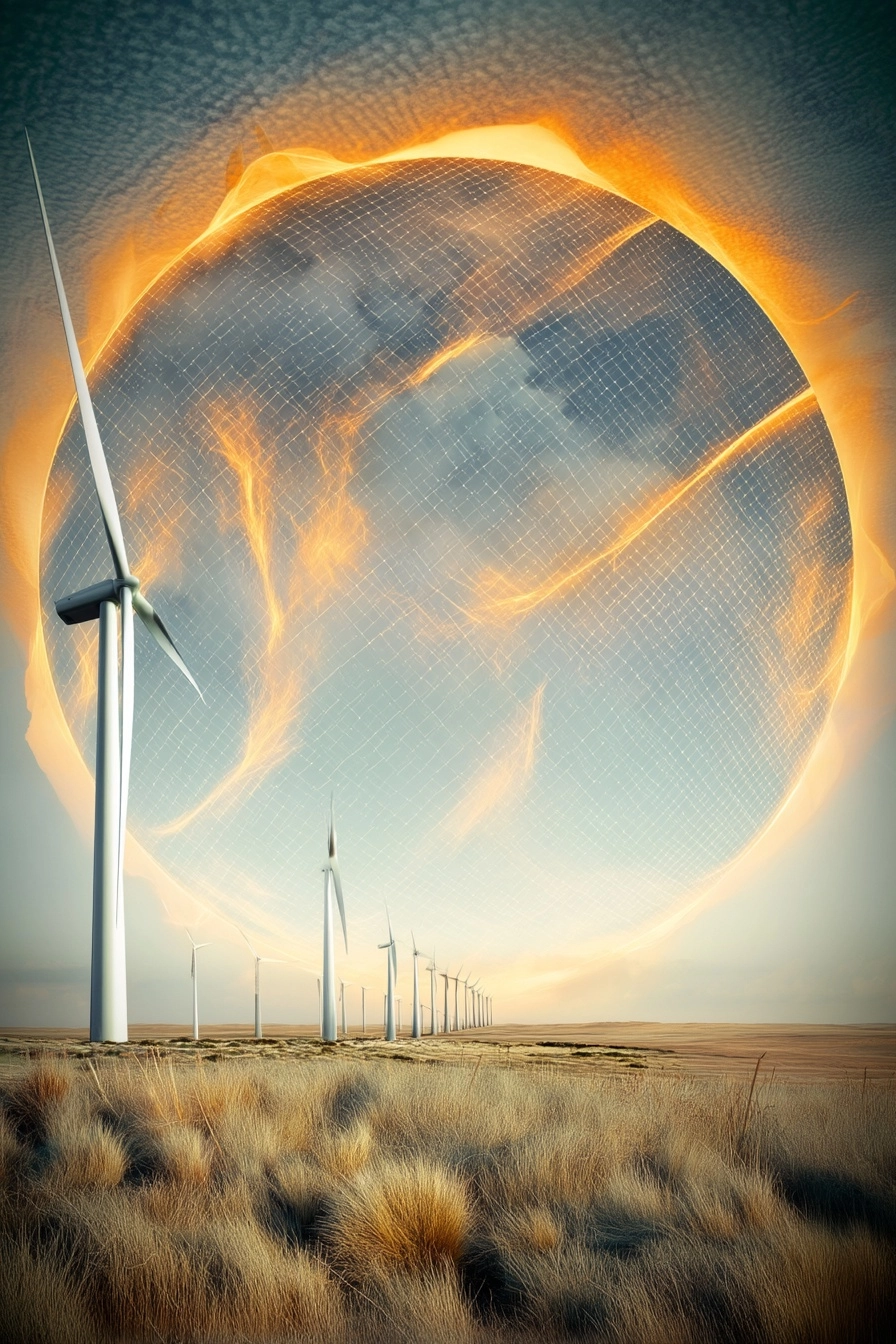 Cinematic. Vertical eco poster collage, surreal yet realistic renewable energy landscape