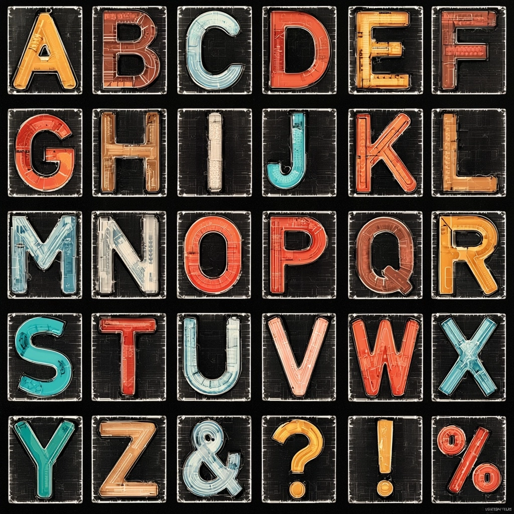 Complete alphabet sheet: "ABCDEF", "GHIJKL", "MNOPQR", "STUVWX", "YZ&?!%"