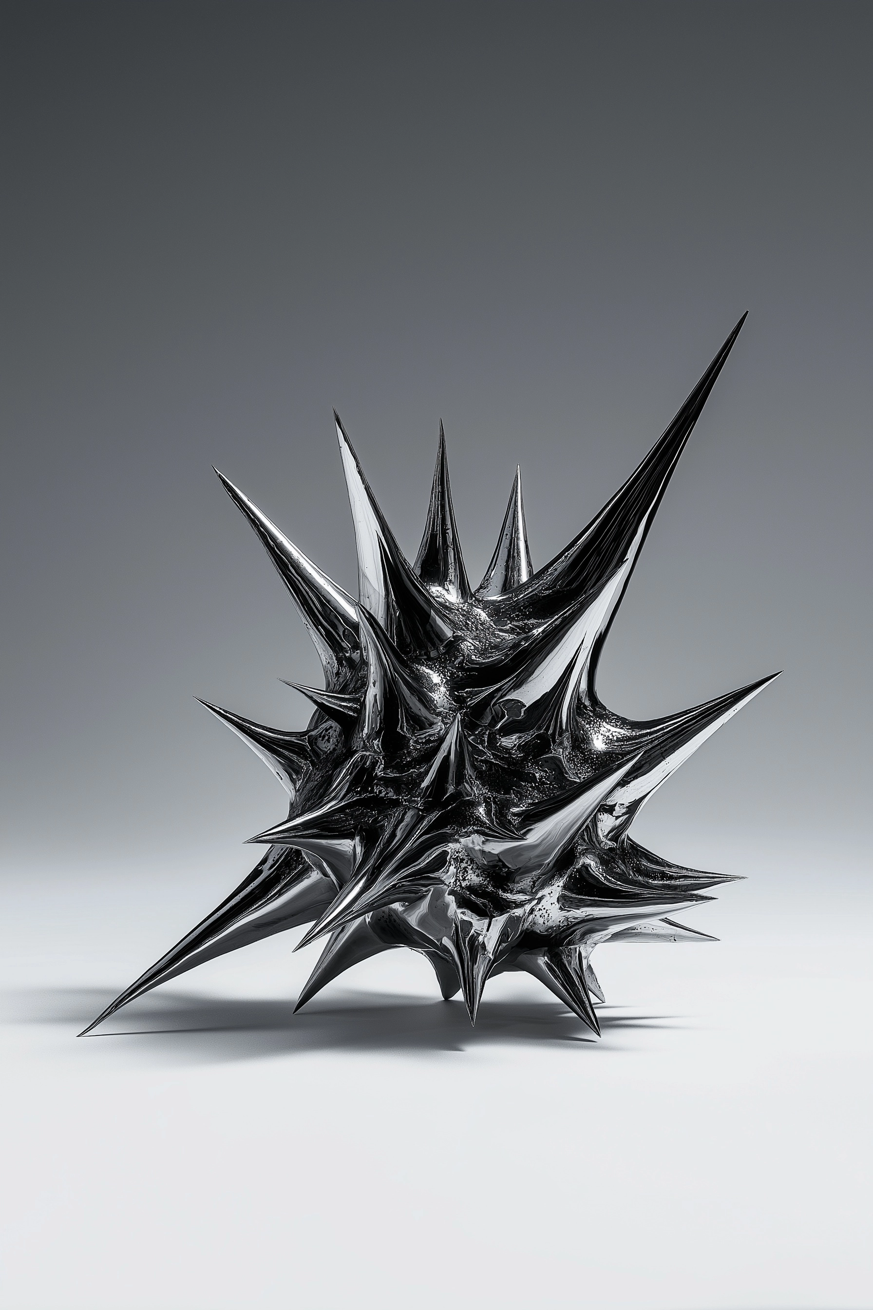 Distorted spiked metal object, irregular chaotic spikes, melted and bent sharp forms