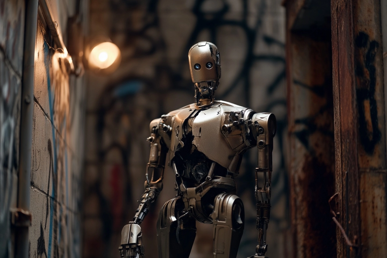 A robot, its metallic body damaged and scarred, standing desolate in an abandoned urban alleyway. Th