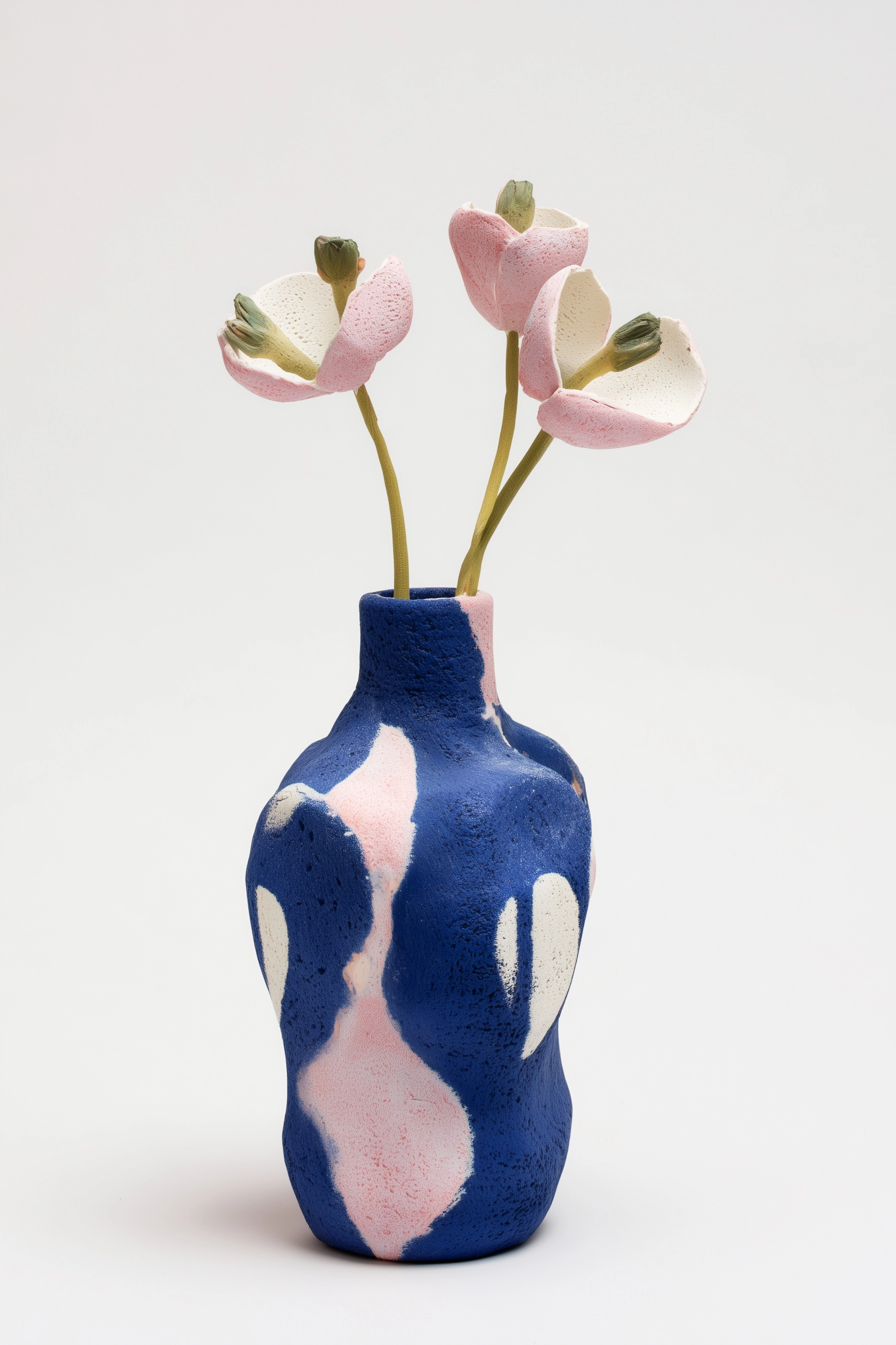 An abstract navy blue vase with irregularly rounded edges, hand-painted textured white details