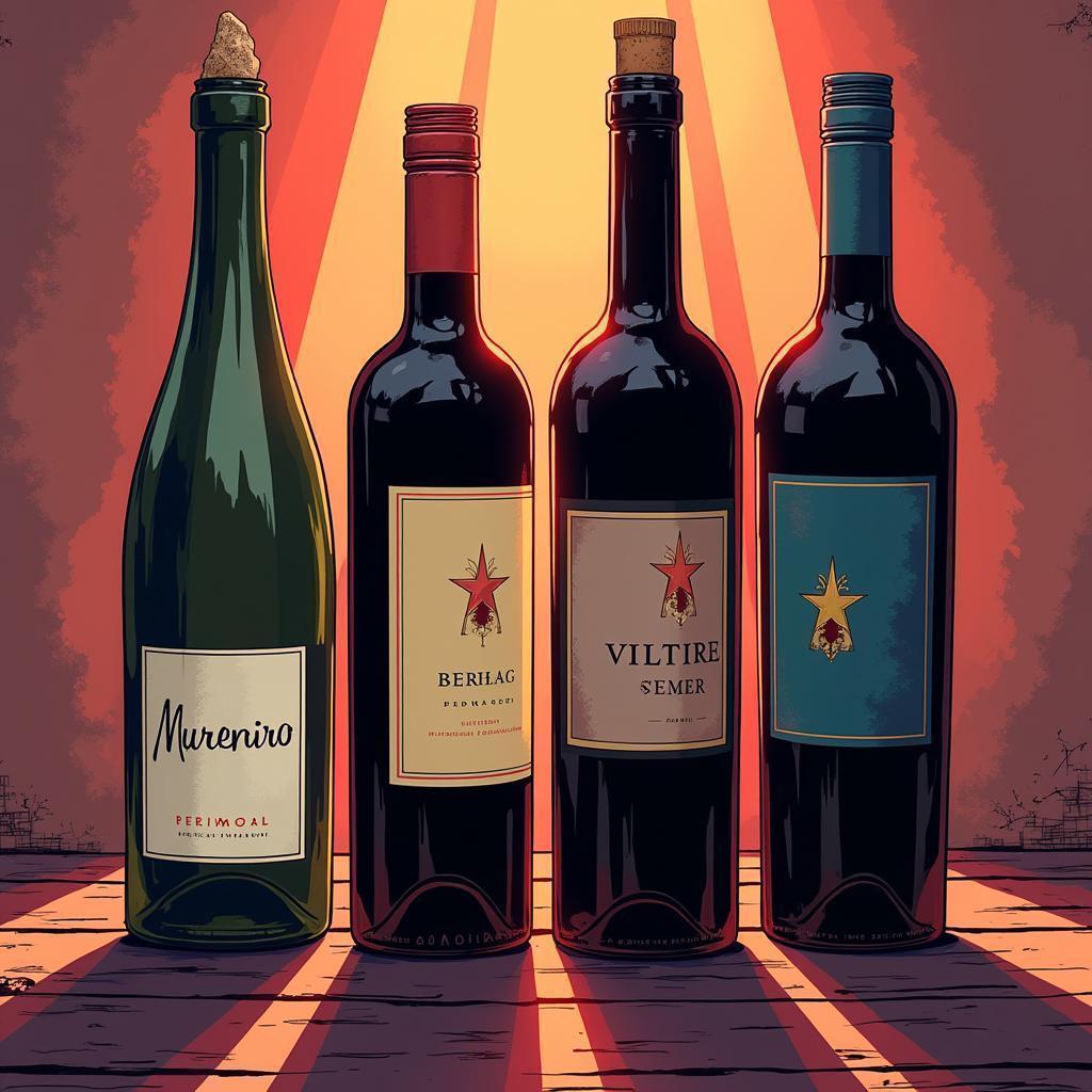 Four Wine Bottles in Dramatic Manga Style