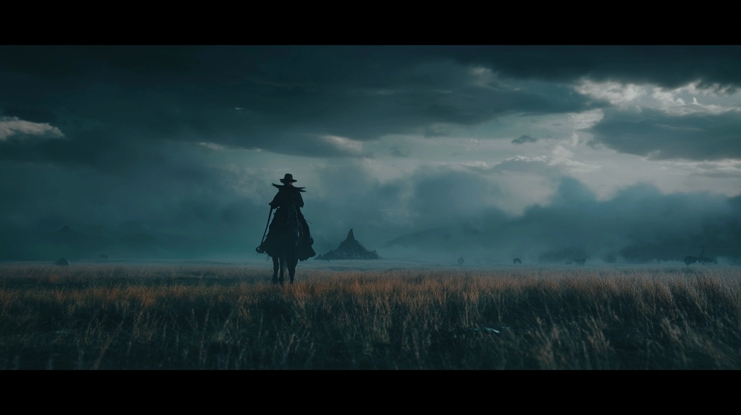Movie. dark gothic atmosphere, wide empty field with grass, wild west