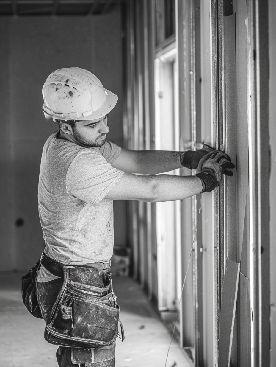 Trockenbaumonteur, gipskarton, trockenbau, platten, wand, handwerker, bauarbeiter, mann