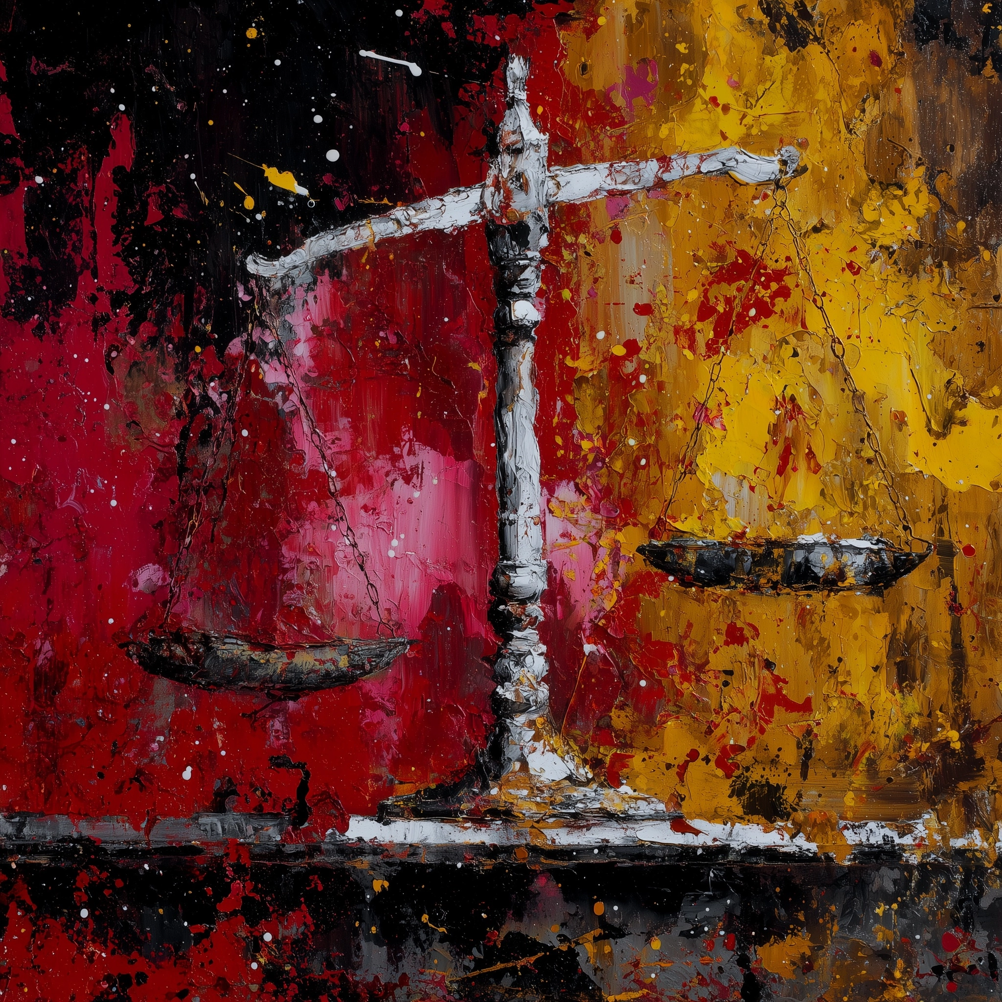 Modern abstract painting with a scale of justice, thick brush strokes, palette knife texture