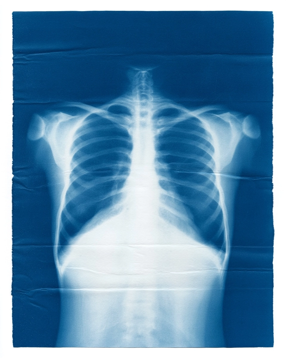X-ray image of a human torso rendered as an abstract cyanotype-style image