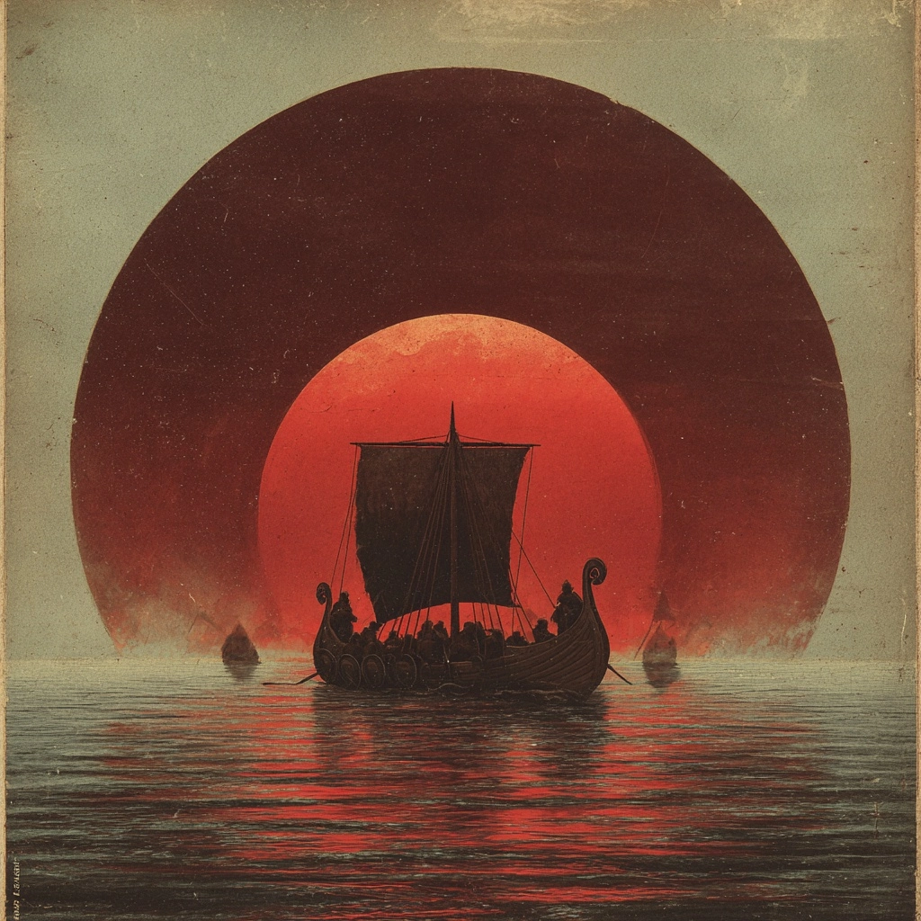 1970s style album cover with a Viking longship in the center. Ominous vibes