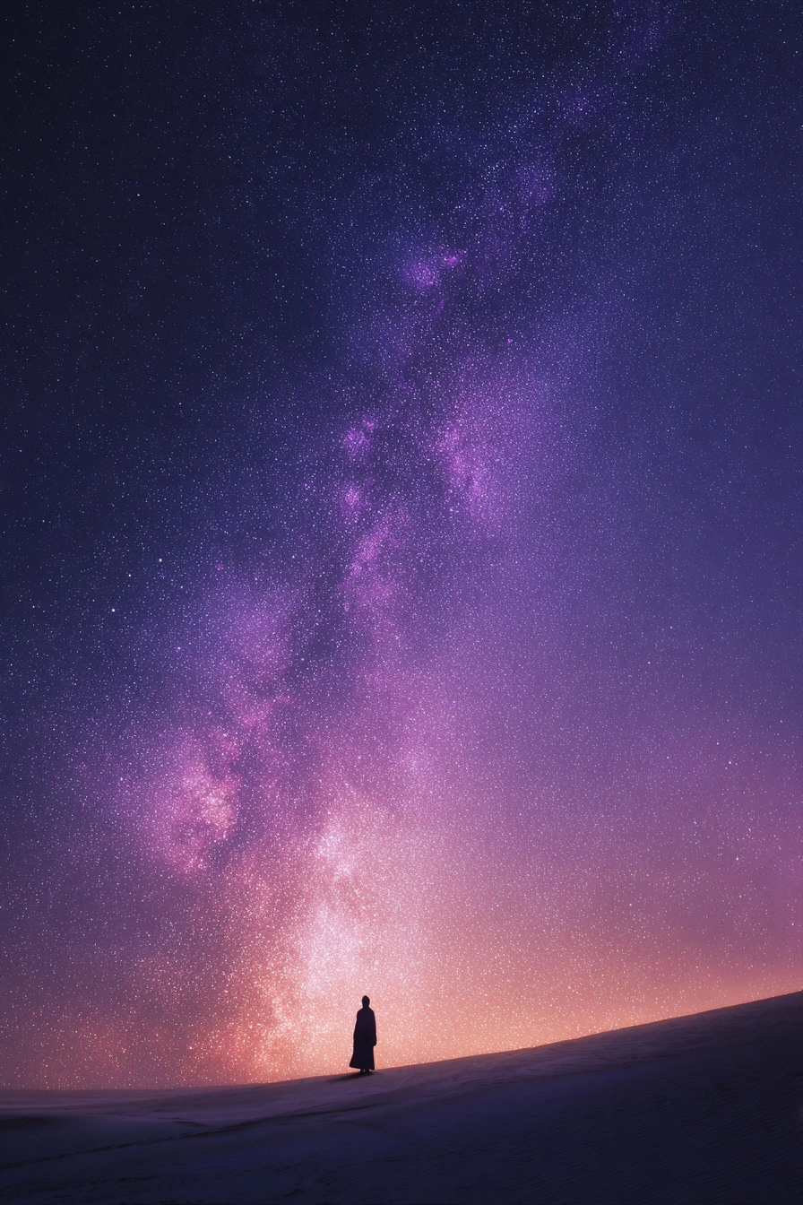 Holy man silhouette, vast empty desert, purple gold white galaxy sky, extreme minimalism