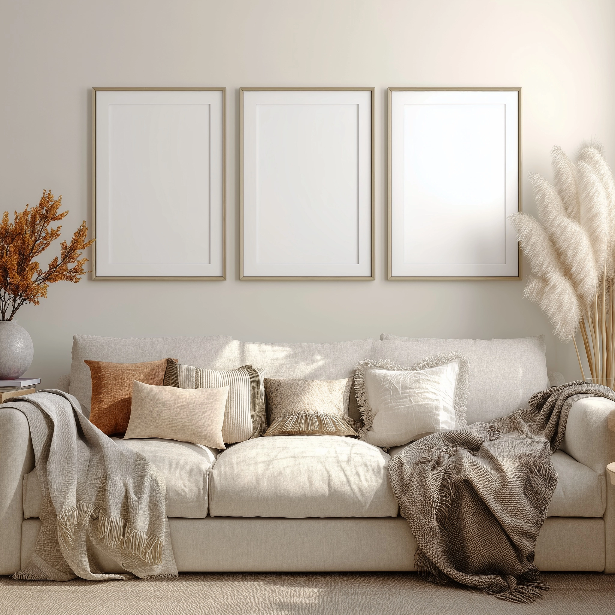 3 blank frames in a A cozy modern living room with a linen sofa, neutral throw blankets