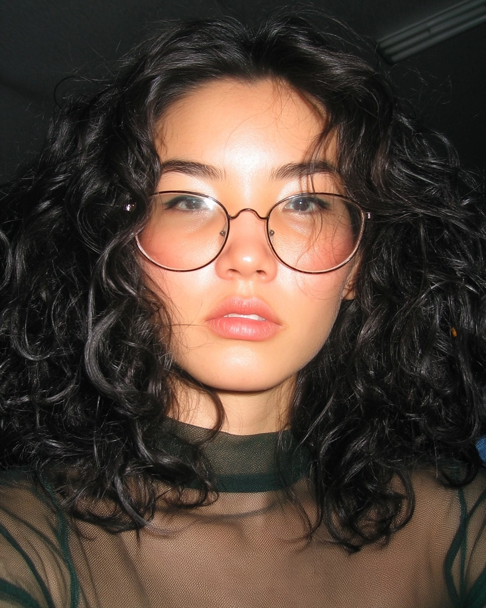 A candid flash photograph of a tall supermodel Asian woman in her 20s with medium-length black curly