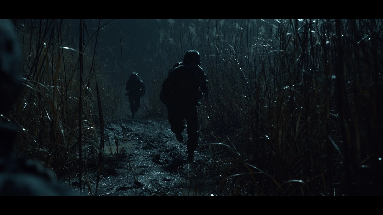 A cinematic wide shot of Lieutenant Kang and Private Park fleeing through a rain-soaked mountain pat