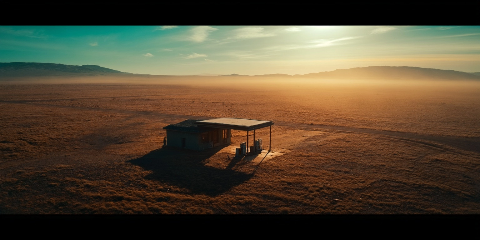 A cinematic aerial photograph of a lone desert gas station