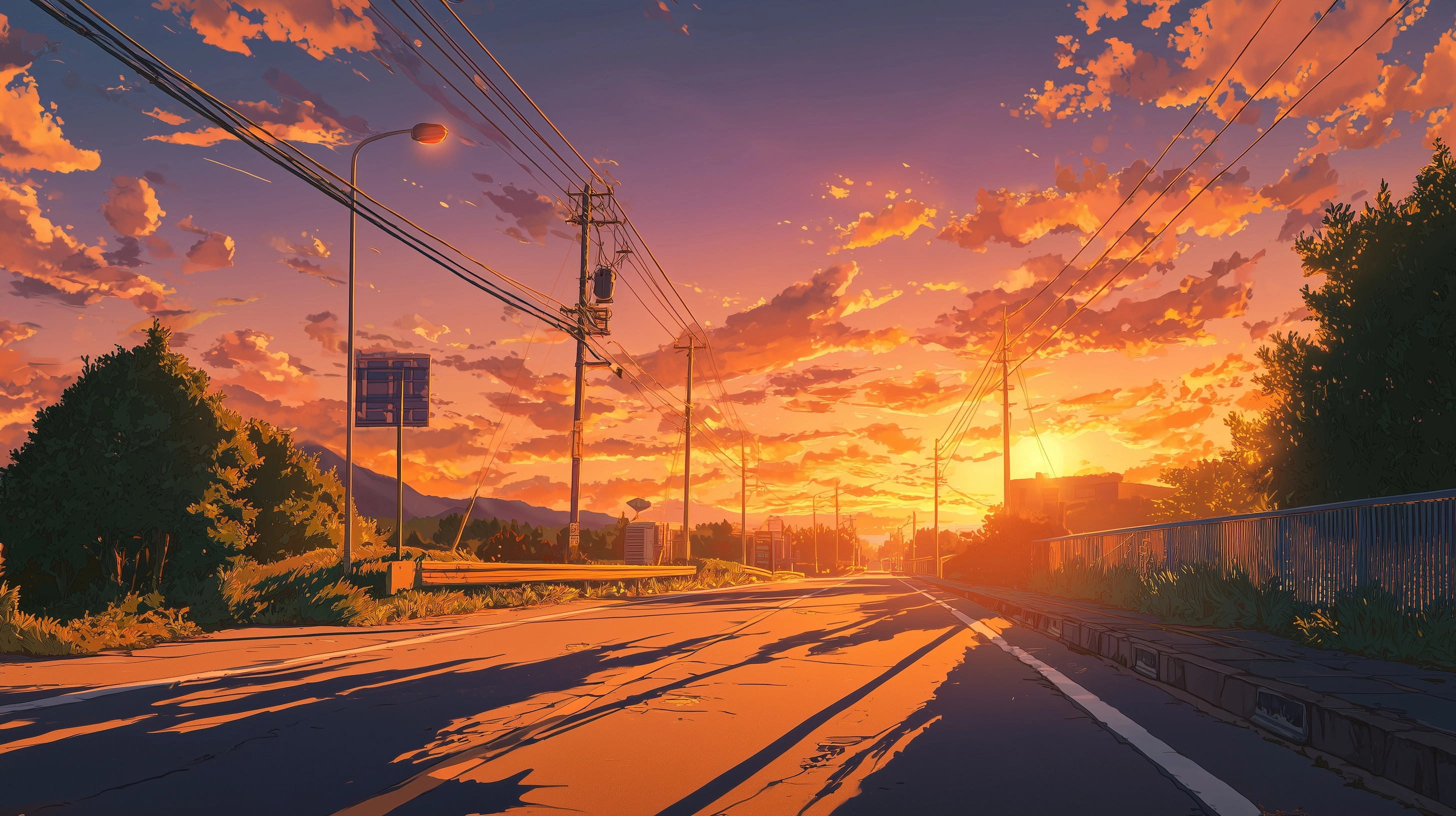 A cinematic anime-style shot of an empty Japanese countryside road during sunset