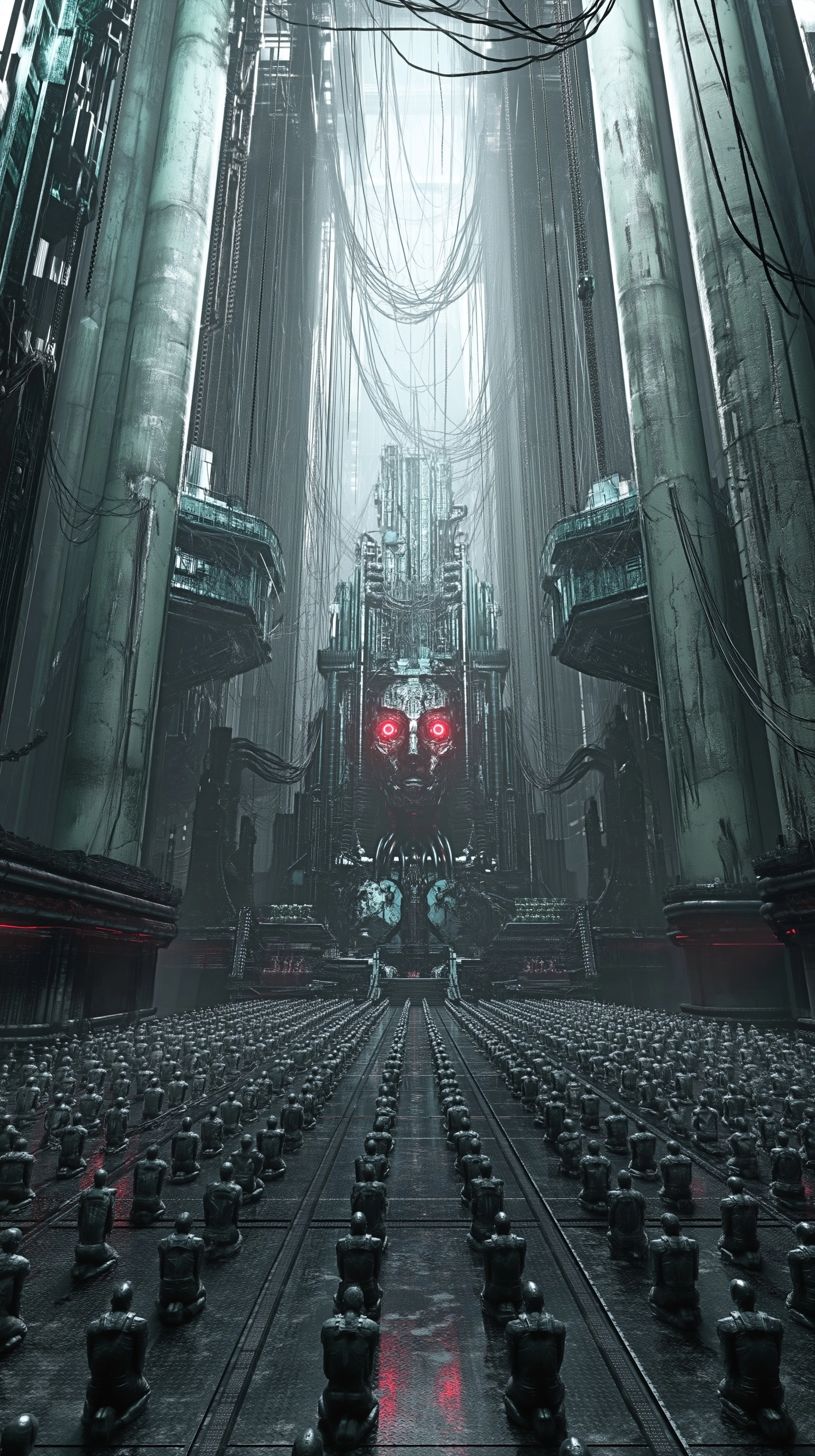 A colossal machine-god built as a sacred altar-throne inside a brutalist techno-cathedral