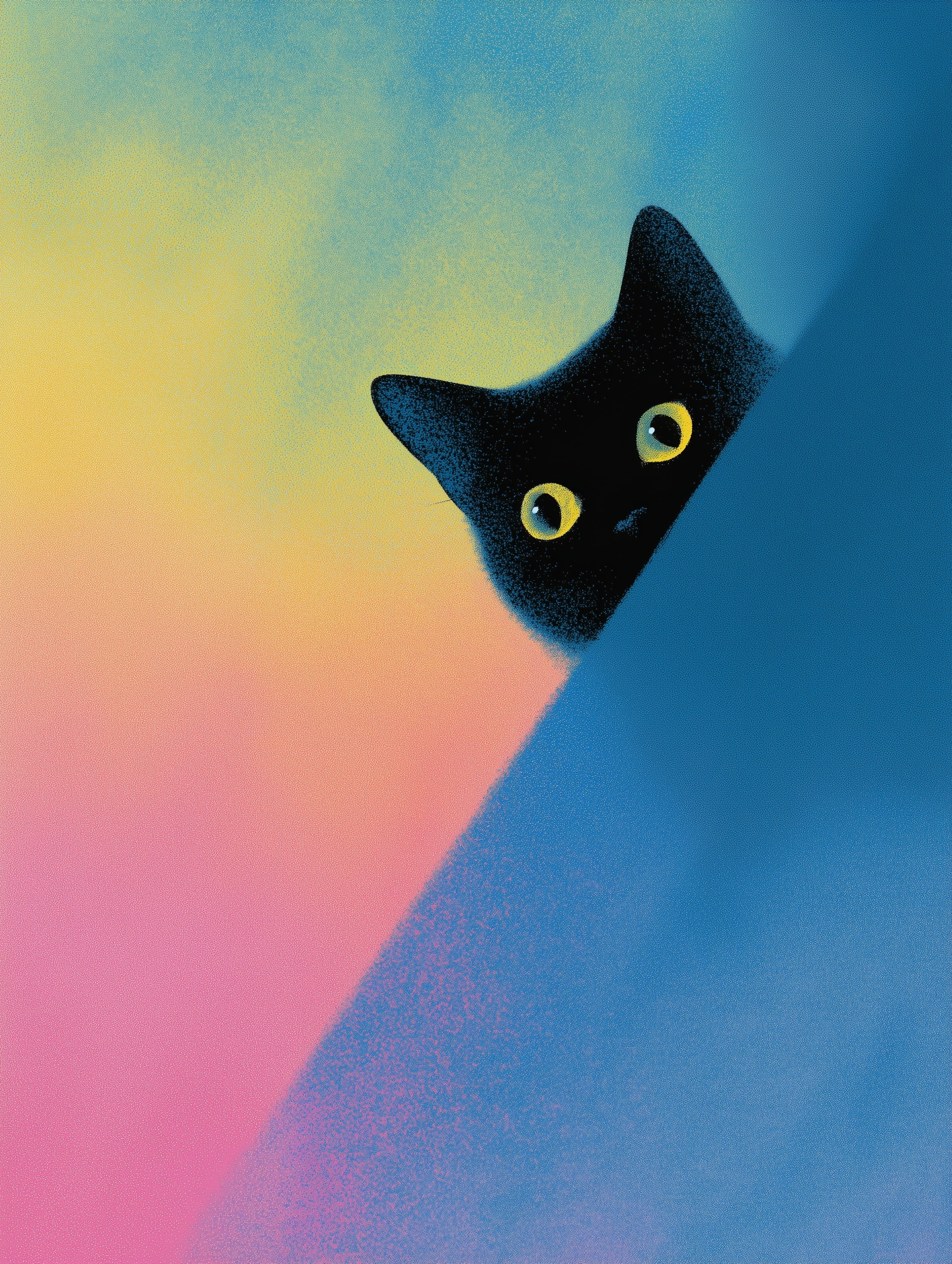 A cute black cat peeking out from behind the edge of an abstract gradient background