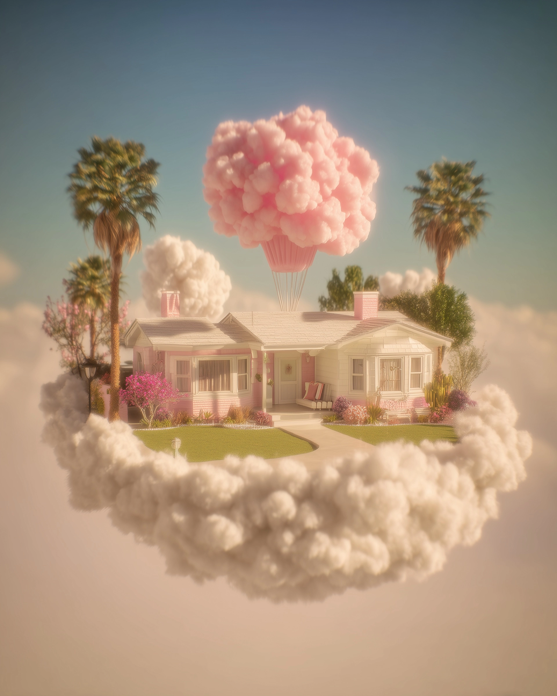 A cute pastel house floating on a soft white cloud under bright noon light