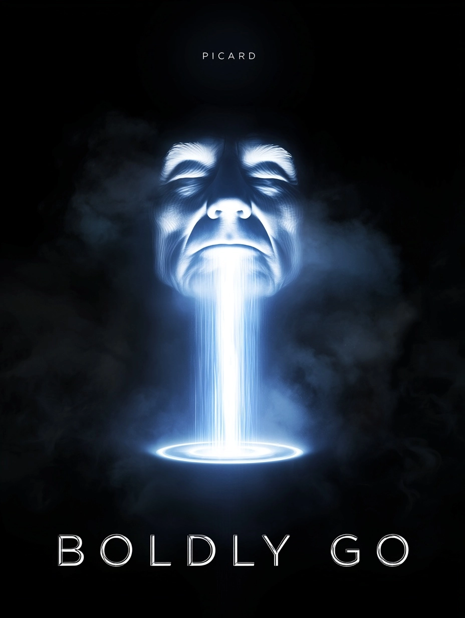 A dark atmospheric electronic album cover featuring a colossal surreal face of Captain Jean-Luc Pica